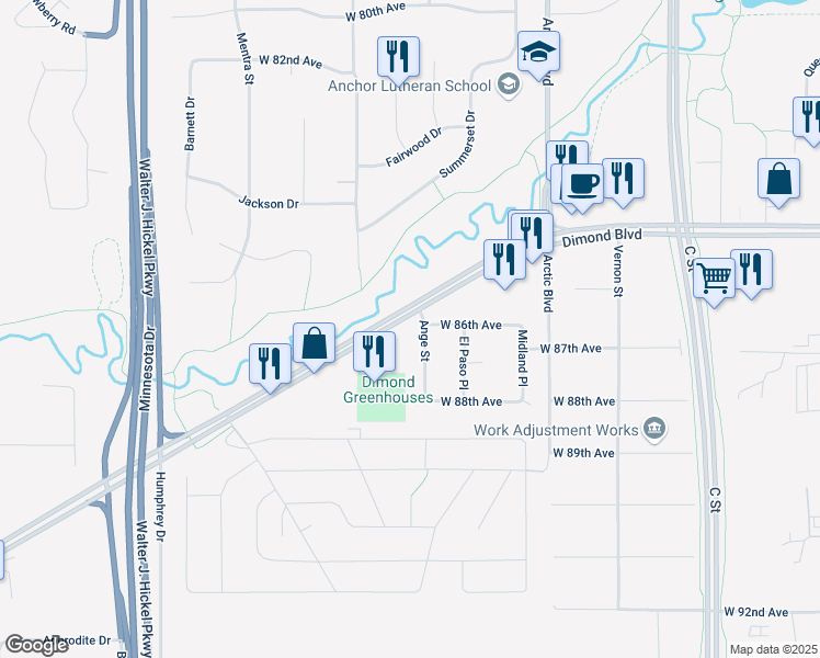 map of restaurants, bars, coffee shops, grocery stores, and more near 920 West Dimond Boulevard in Anchorage