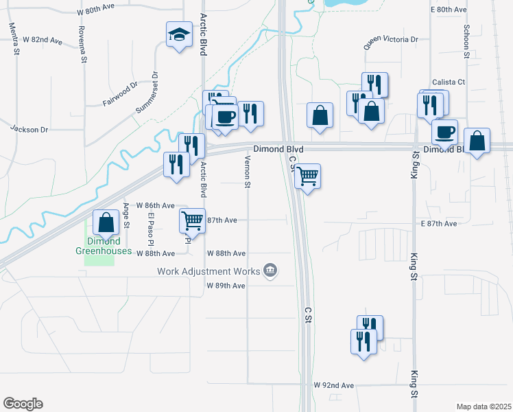 map of restaurants, bars, coffee shops, grocery stores, and more near 8607 Vernon Street in Anchorage