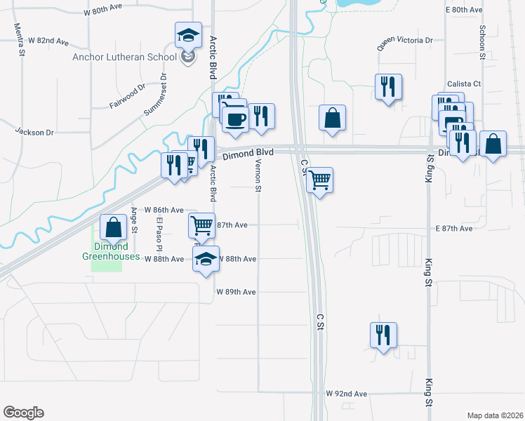 map of restaurants, bars, coffee shops, grocery stores, and more near 8607 Vernon Street in Anchorage