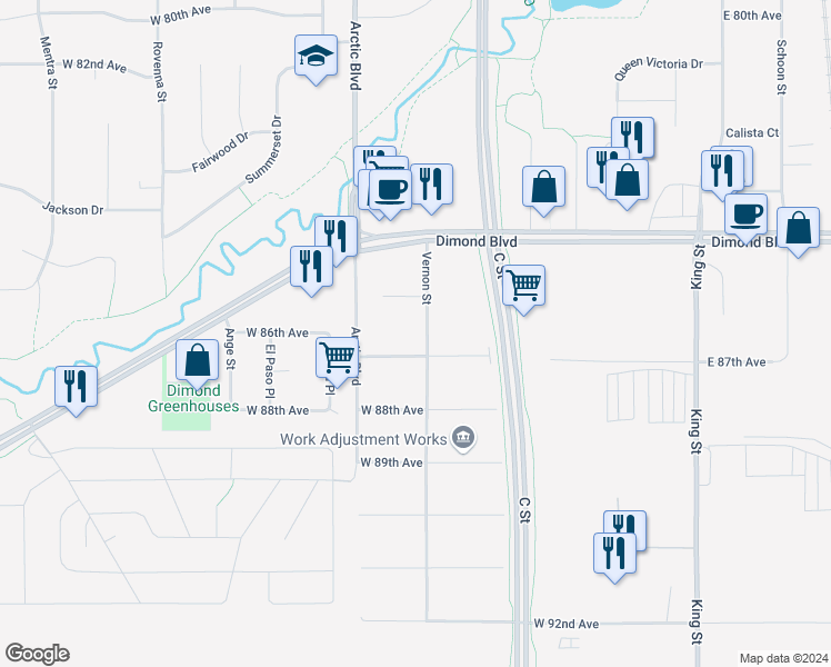 map of restaurants, bars, coffee shops, grocery stores, and more near 618 West 86th Court in Anchorage