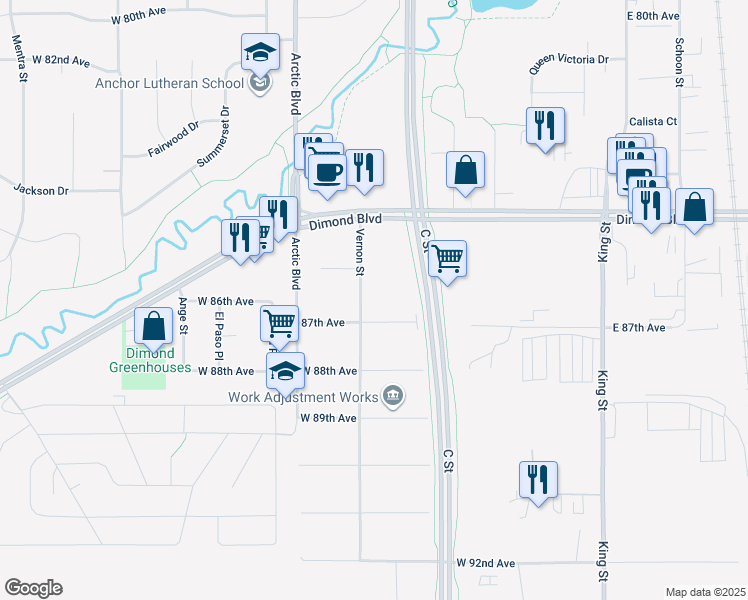 map of restaurants, bars, coffee shops, grocery stores, and more near 8607 Vernon Street in Anchorage