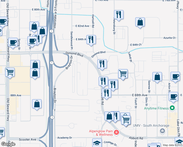 map of restaurants, bars, coffee shops, grocery stores, and more near 8537 Corbin Drive in Anchorage