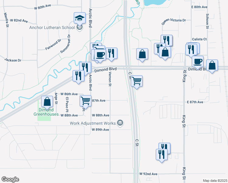 map of restaurants, bars, coffee shops, grocery stores, and more near 8607 Vernon Street in Anchorage