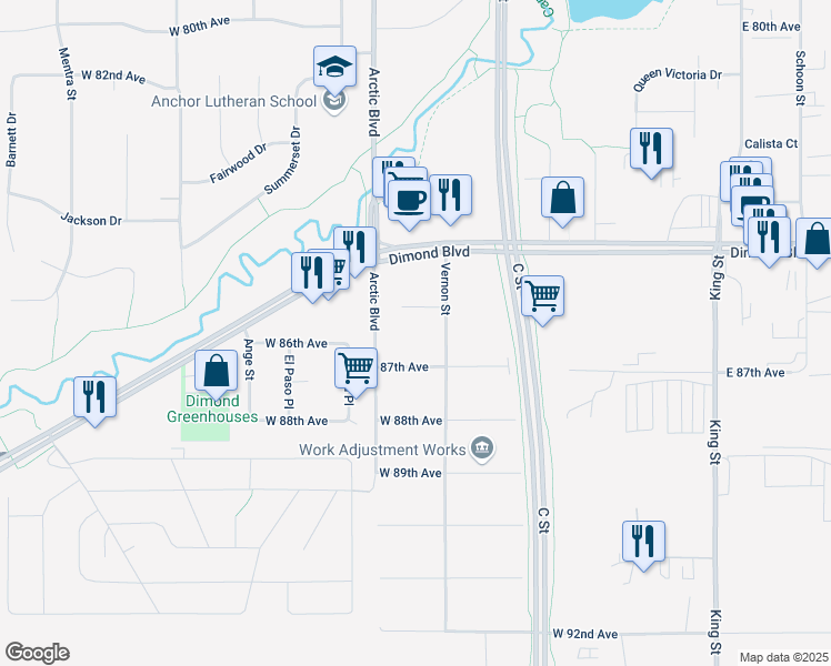 map of restaurants, bars, coffee shops, grocery stores, and more near 618 West 86th Court in Anchorage