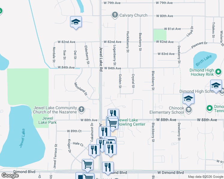 map of restaurants, bars, coffee shops, grocery stores, and more near 8525 Jewel Lake Road in Anchorage