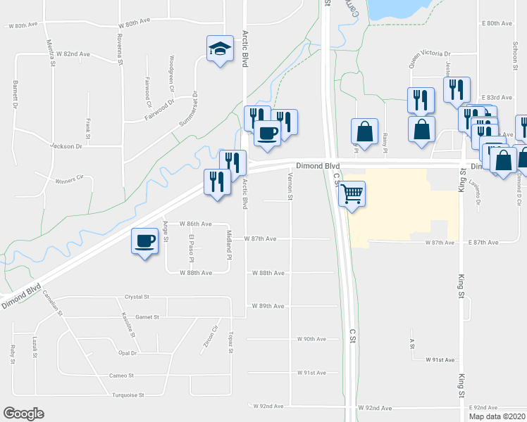 map of restaurants, bars, coffee shops, grocery stores, and more near 618 West 86th Court in Anchorage