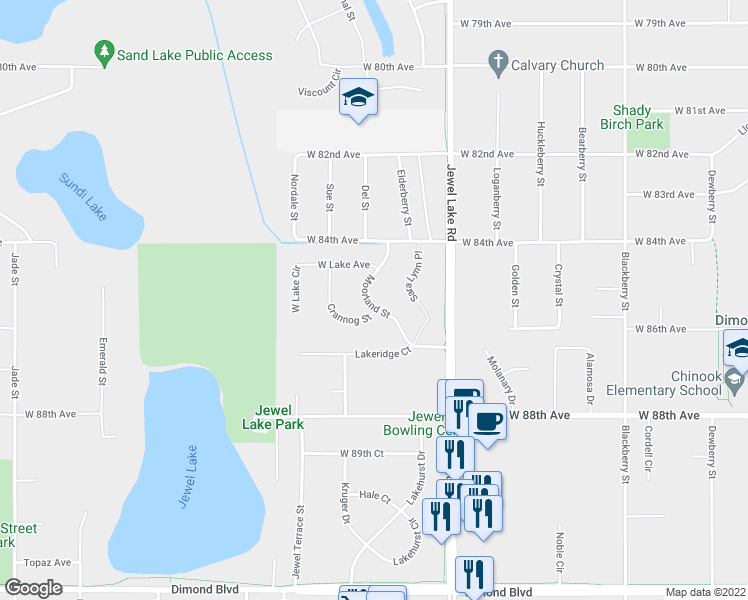 map of restaurants, bars, coffee shops, grocery stores, and more near 8527 Moorland Street in Anchorage