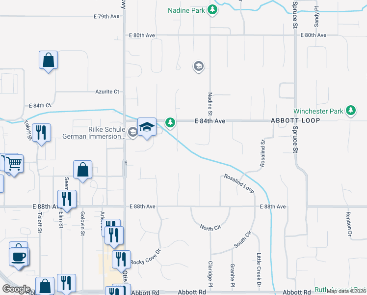 map of restaurants, bars, coffee shops, grocery stores, and more near 8531 Atkins Place in Anchorage