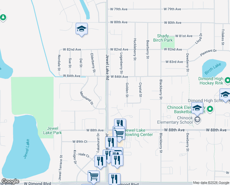 map of restaurants, bars, coffee shops, grocery stores, and more near 8525 Jewel Lake Road in Anchorage