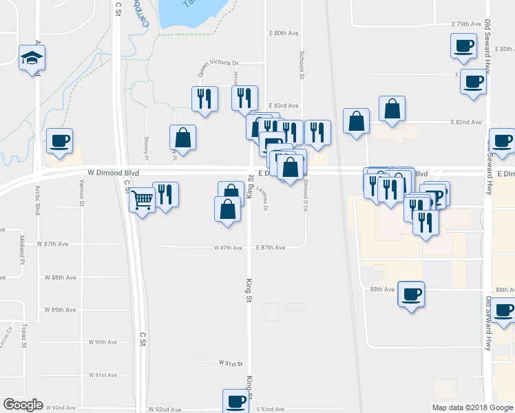 map of restaurants, bars, coffee shops, grocery stores, and more near 8506 Laviento Drive in Anchorage