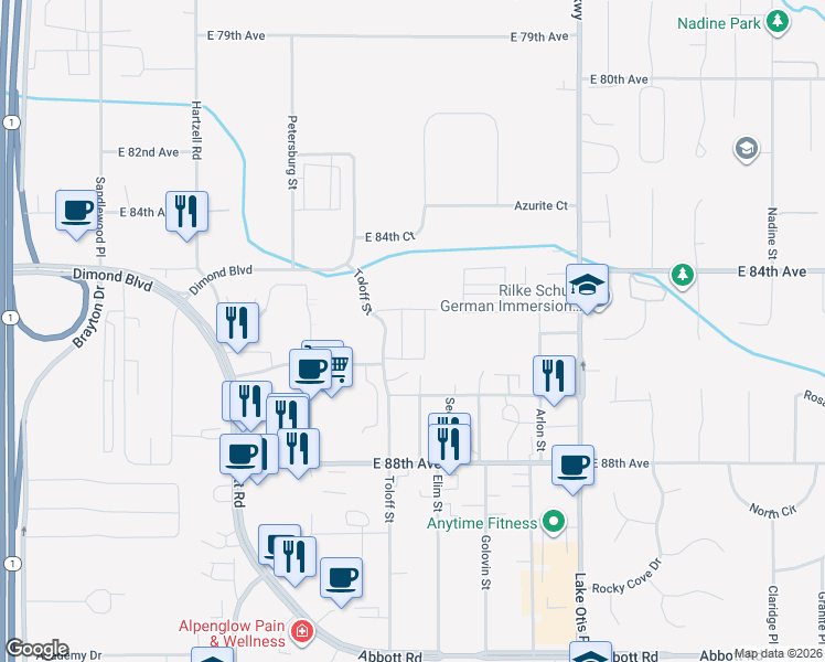 map of restaurants, bars, coffee shops, grocery stores, and more near 8479 Toloff Street in Anchorage