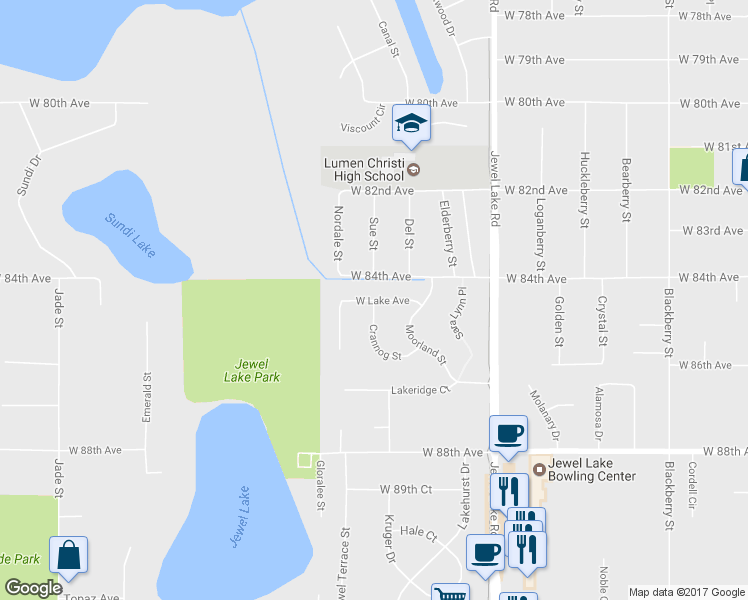 map of restaurants, bars, coffee shops, grocery stores, and more near West Lake Avenue in Anchorage