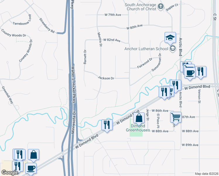 map of restaurants, bars, coffee shops, grocery stores, and more near 1231 Winners Circle in Anchorage