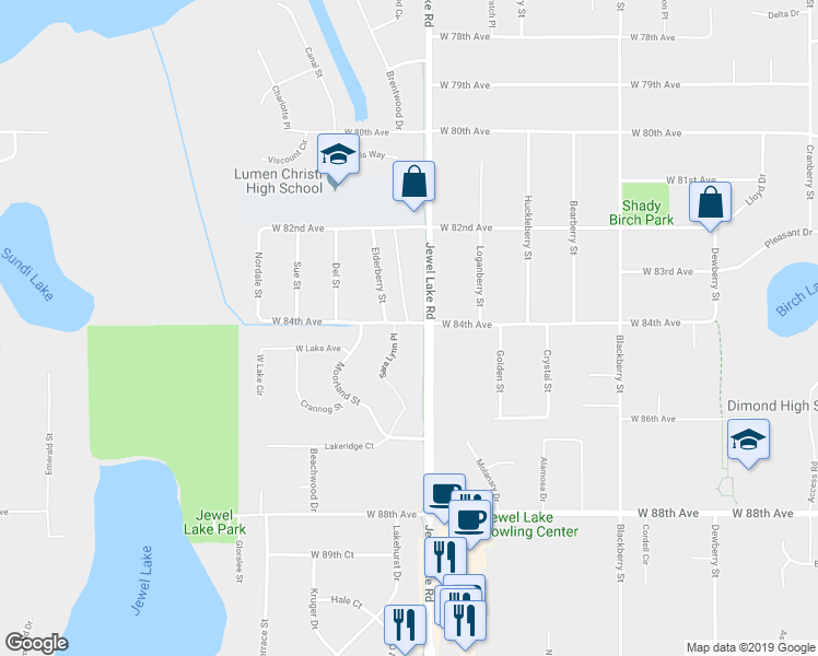 map of restaurants, bars, coffee shops, grocery stores, and more near 8400-8456 Jewel Lake Road in Anchorage