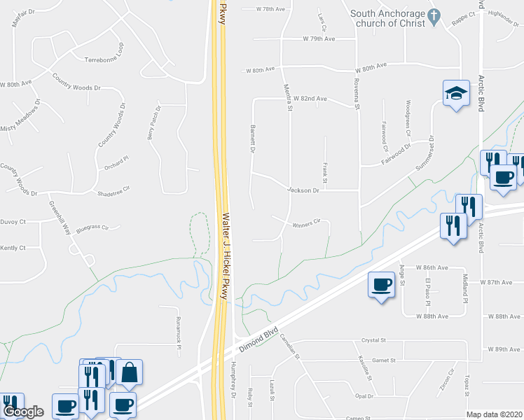 map of restaurants, bars, coffee shops, grocery stores, and more near 8445 Barnett Drive in Anchorage