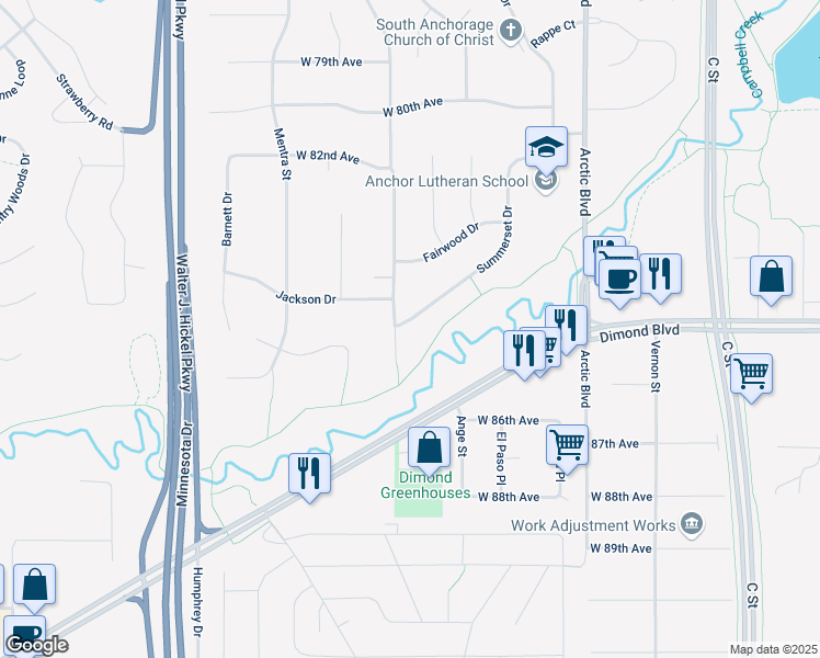 map of restaurants, bars, coffee shops, grocery stores, and more near 8381 Rovenna Street in Anchorage