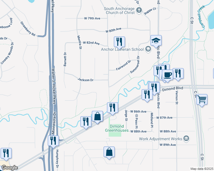 map of restaurants, bars, coffee shops, grocery stores, and more near 8381 Rovenna Street in Anchorage