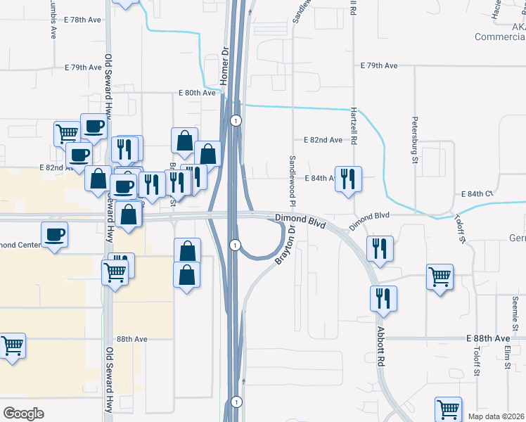 map of restaurants, bars, coffee shops, grocery stores, and more near 1501 Abbott Rd in Anchorage