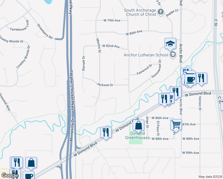 map of restaurants, bars, coffee shops, grocery stores, and more near 1231 Winners Circle in Anchorage
