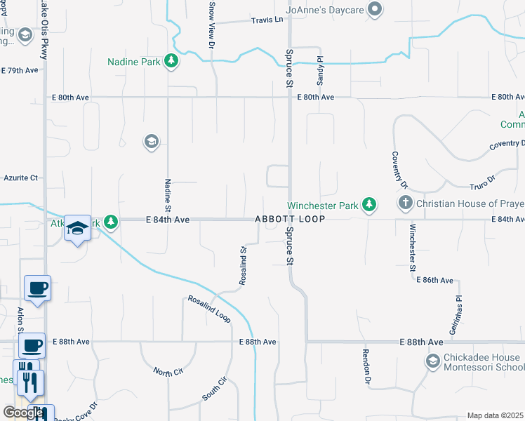 map of restaurants, bars, coffee shops, grocery stores, and more near 8400 Rosalind Street in Anchorage