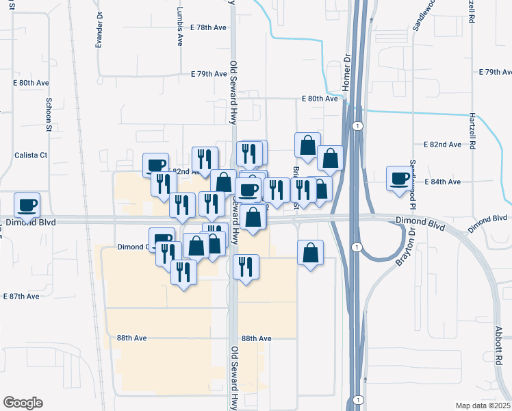 map of restaurants, bars, coffee shops, grocery stores, and more near 1107 East Dimond Boulevard in Anchorage