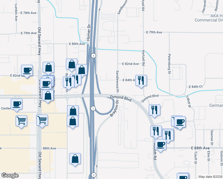 map of restaurants, bars, coffee shops, grocery stores, and more near 1501 Abbott Road in Anchorage