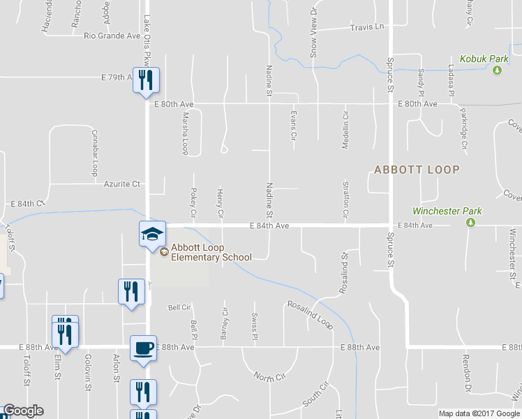 map of restaurants, bars, coffee shops, grocery stores, and more near 2930 East 84th Avenue in Anchorage