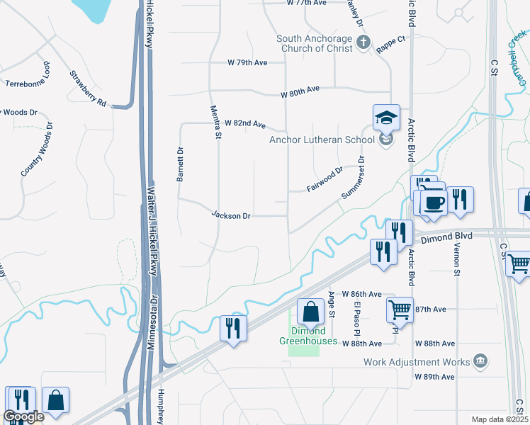 map of restaurants, bars, coffee shops, grocery stores, and more near 8231 Frank Street in Anchorage