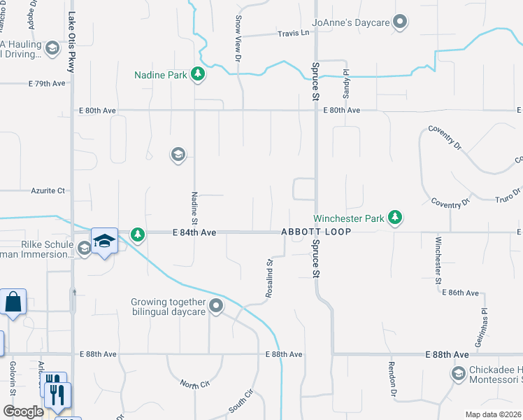 map of restaurants, bars, coffee shops, grocery stores, and more near 8250 Stratton Circle in Anchorage