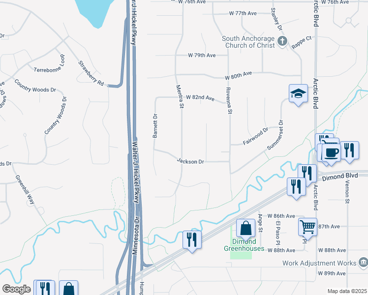 map of restaurants, bars, coffee shops, grocery stores, and more near 8236 Mentra Street in Anchorage