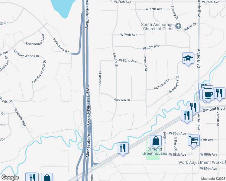 map of restaurants, bars, coffee shops, grocery stores, and more near 8236 Mentra Street in Anchorage