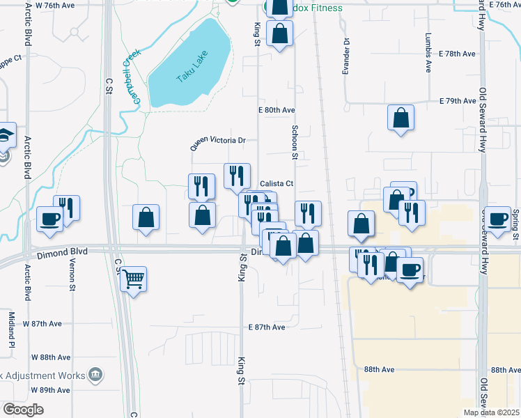 map of restaurants, bars, coffee shops, grocery stores, and more near 201 Arctic Slope Avenue in Anchorage