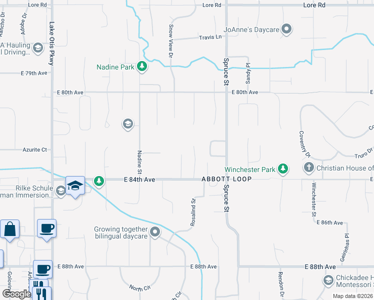 map of restaurants, bars, coffee shops, grocery stores, and more near 8250 Stratton Circle in Anchorage
