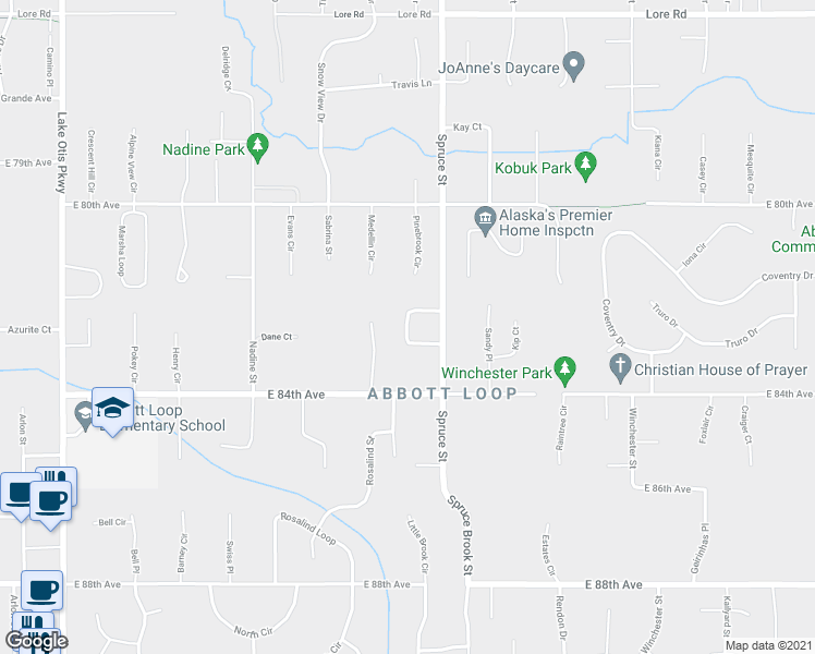 map of restaurants, bars, coffee shops, grocery stores, and more near 3309 Kendall Loop in Anchorage