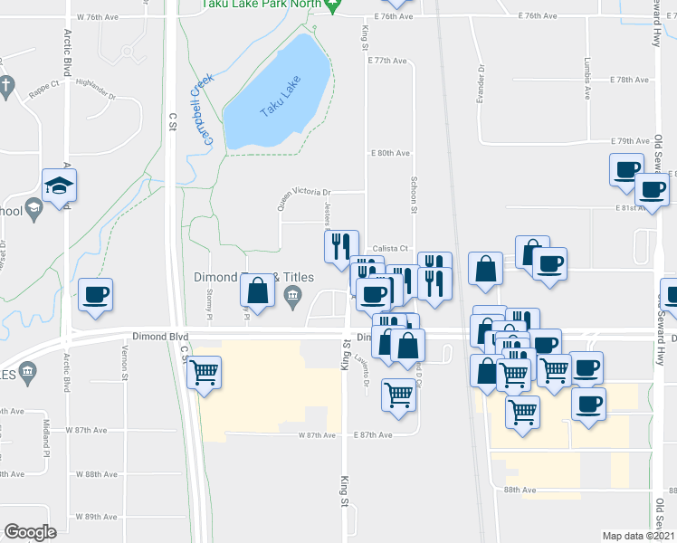 map of restaurants, bars, coffee shops, grocery stores, and more near 8330 King Street in Anchorage