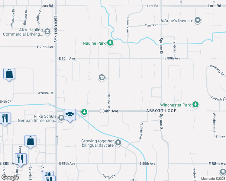 map of restaurants, bars, coffee shops, grocery stores, and more near 8219 Nadine Street in Anchorage