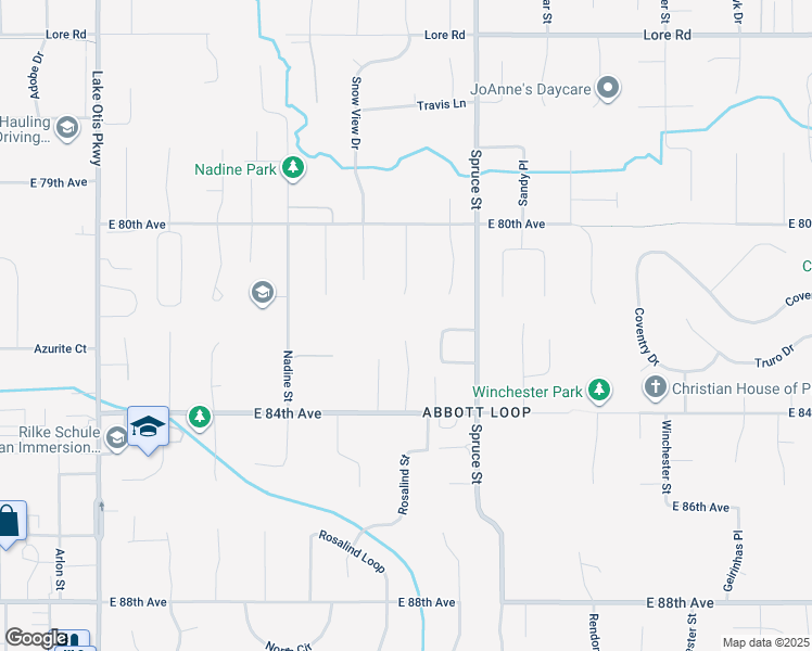 map of restaurants, bars, coffee shops, grocery stores, and more near 8261 Stratton Circle in Anchorage
