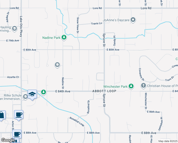map of restaurants, bars, coffee shops, grocery stores, and more near 8261 Stratton Circle in Anchorage
