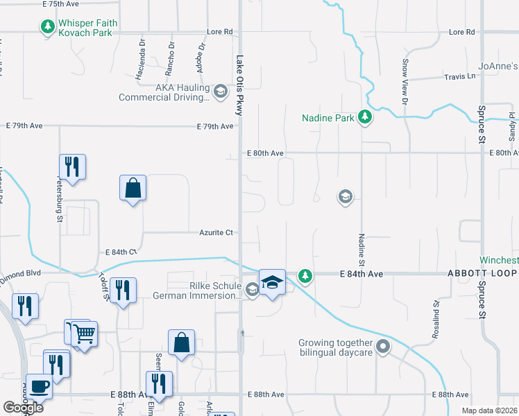 map of restaurants, bars, coffee shops, grocery stores, and more near 2643 Bryant Circle in Anchorage