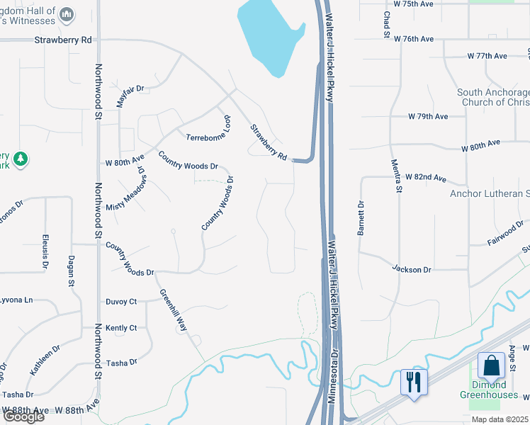 map of restaurants, bars, coffee shops, grocery stores, and more near 8470 Berry Patch Drive in Anchorage