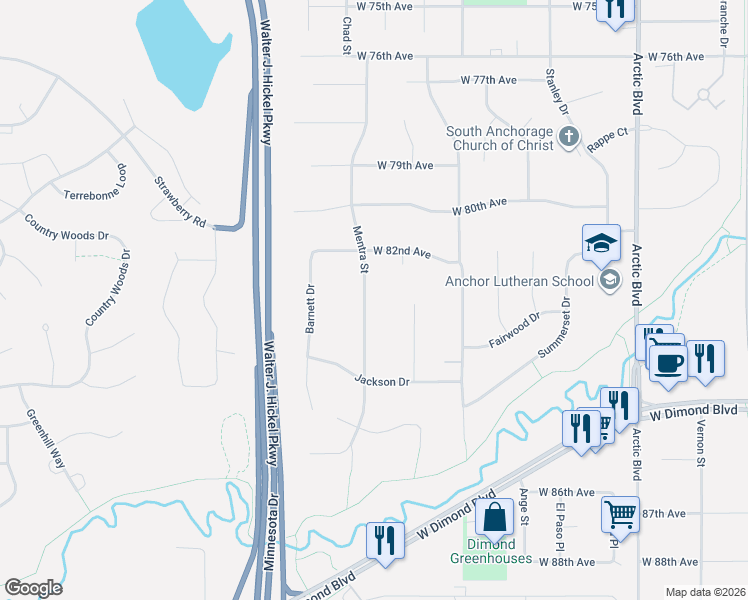 map of restaurants, bars, coffee shops, grocery stores, and more near 8202 Mentra Street in Anchorage