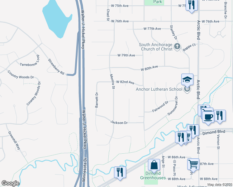 map of restaurants, bars, coffee shops, grocery stores, and more near 8207 Mentra Street in Anchorage