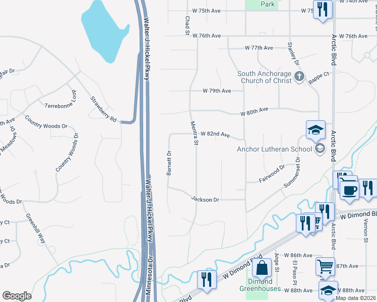 map of restaurants, bars, coffee shops, grocery stores, and more near 8202 Mentra Street in Anchorage