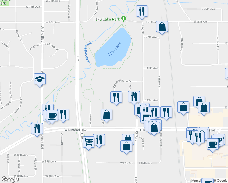 map of restaurants, bars, coffee shops, grocery stores, and more near 8100 Queen Victoria Drive in Anchorage