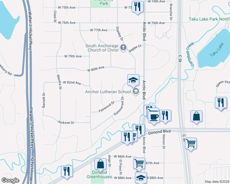 map of restaurants, bars, coffee shops, grocery stores, and more near 8121 Woodgreen Circle in Anchorage