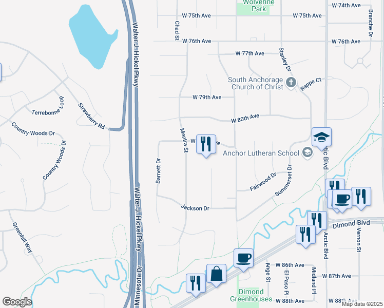map of restaurants, bars, coffee shops, grocery stores, and more near 8202 Mentra Street in Anchorage