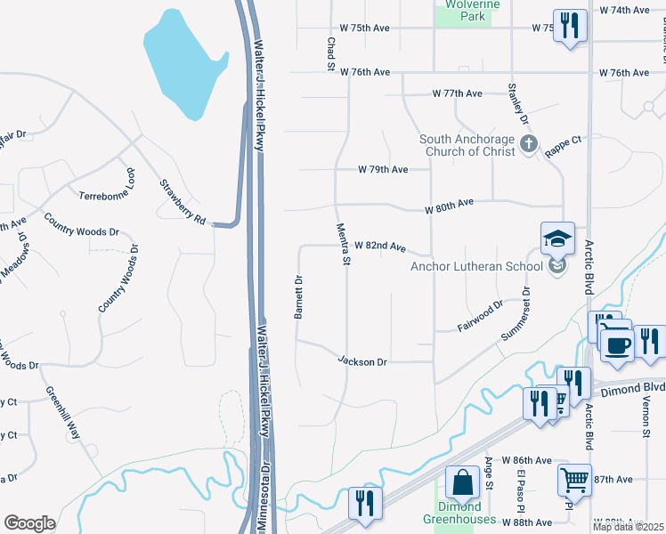 map of restaurants, bars, coffee shops, grocery stores, and more near 8202 Mentra Street in Anchorage