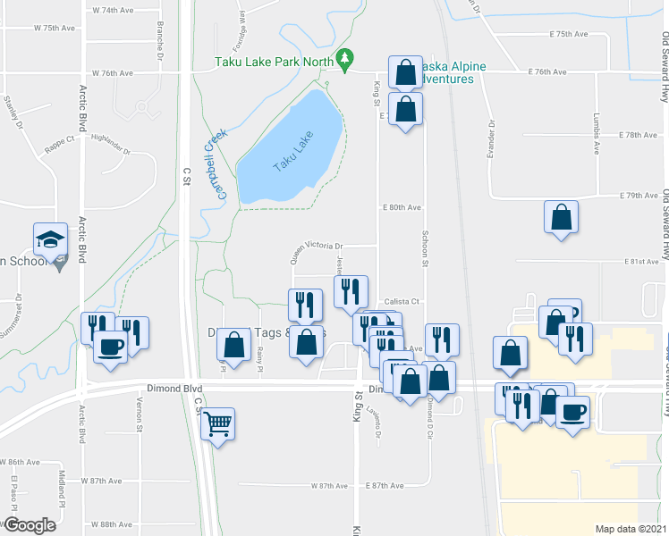 map of restaurants, bars, coffee shops, grocery stores, and more near 101 Sorcerer Court in Anchorage