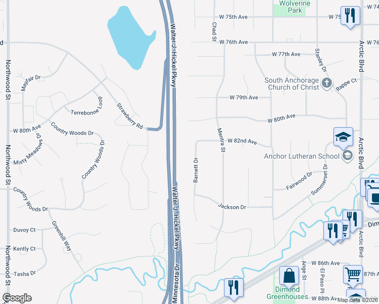 map of restaurants, bars, coffee shops, grocery stores, and more near 8230 Barnett Drive in Anchorage