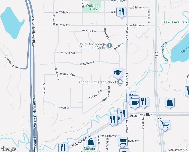 map of restaurants, bars, coffee shops, grocery stores, and more near 8071 Fairwood Circle in Anchorage